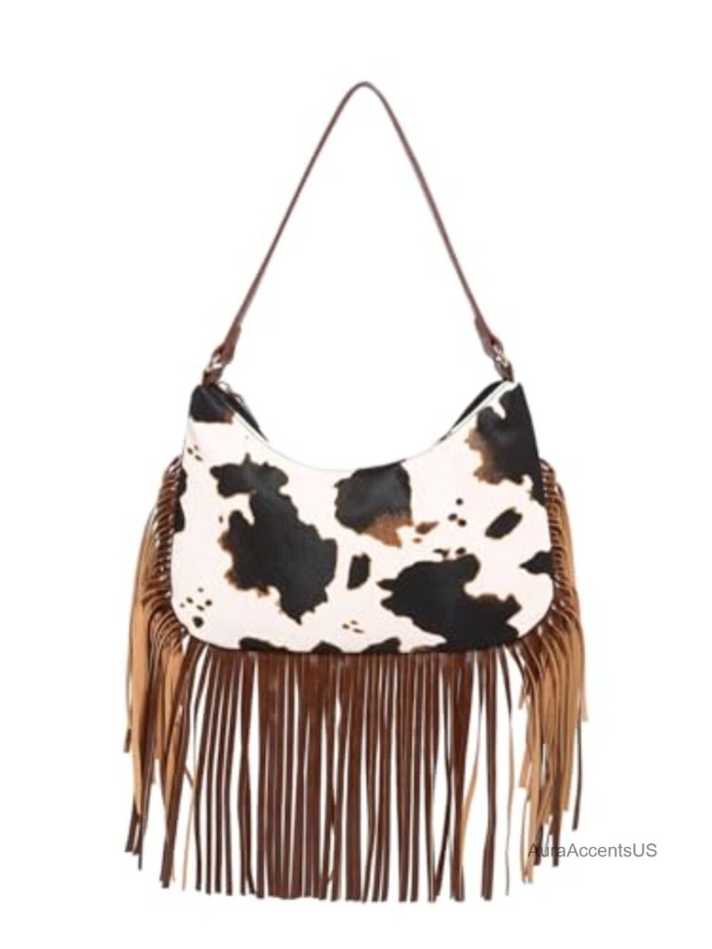 Faux Leather Cow Print Fringe Baguette Handbag with Zipper Closure - Picture 1 of 5